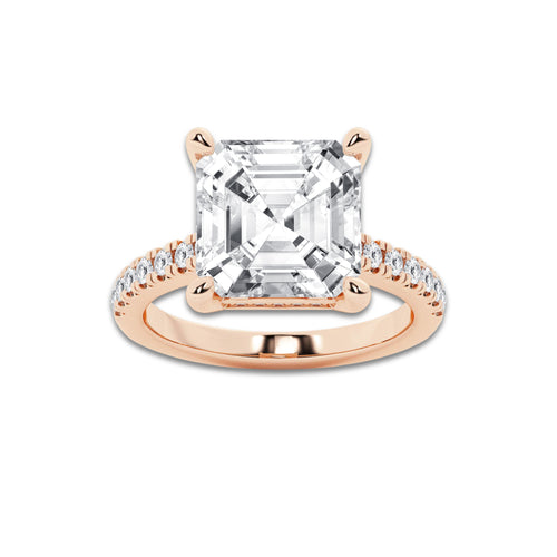 7.40 ctw Asscher Lab-Grown Diamond Hidden Halo Side Stone Engagement Ring in 18K Rose Gold for Women | Colorless E, VS1 Clarity, IGI Certified 7.00 ct Center Diamond