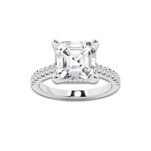 5.28 ctw Asscher Lab-Grown Diamond Hidden Halo Side Stone Engagement Ring in Platinum for Women | Colorless E, VS1 Clarity, IGI Certified 5.00 ct Center Diamond