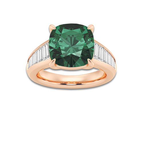 Primrose 5 ctw Cushion Cut Emerald and Baguette Lab Grown Diamond Side Stone Engagement Ring 14K Rose Gold | 3 3/4 ct Center