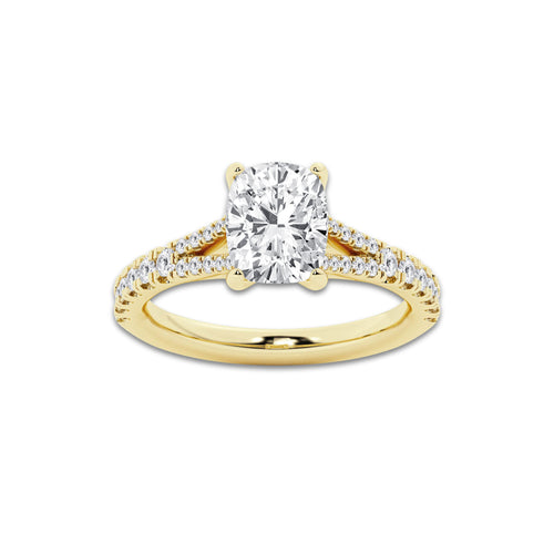 2.32 ctw Elongated Cushion Lab-Grown Diamond Split Shank Side Stone Engagement Ring in 14K Yellow Gold for Women | Colorless E, VS1 Clarity, IGI Certified 2.00 ct Center Diamond
