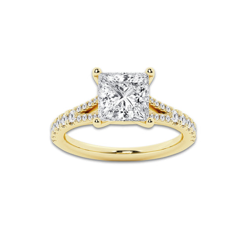 2.83 ctw Princess Lab-Grown Diamond Split Shank Side Stone Engagement Ring in 14K Yellow Gold for Women | Colorless D, VVS1 Clarity, IGI Certified 2.50 ct Center Diamond
