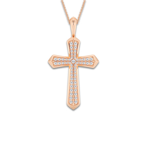 1 ctw Round Lab Grown Diamond Double Row Cross Pendant 14K Rose Gold, DE, VS1