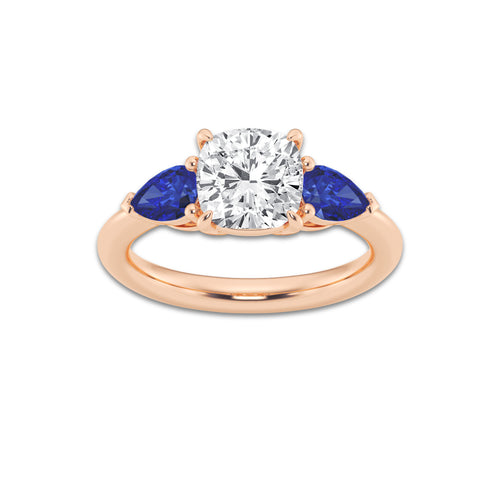 Valerie 2 ctw Cushion Lab Grown Diamond and 6.0x3.8 mm Pear Shape Created Sapphire Side Stone Engagement Ring 14K Rose Gold, D, VVS | IGI Certified, 2 ct Center
