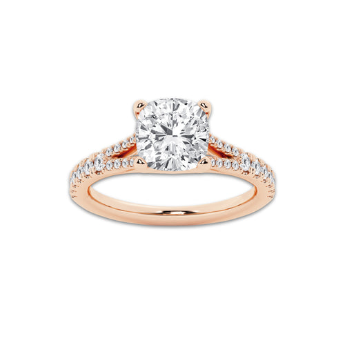 2.83 ctw Cushion Lab-Grown Diamond Split Shank Side Stone Engagement Ring in 14K Rose Gold for Women | Colorless E, VS1 Clarity, IGI Certified 2.50 ct Center Diamond