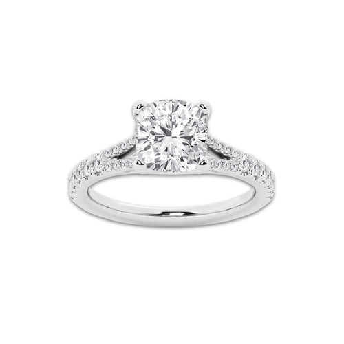3.33 ctw Cushion Lab-Grown Diamond Split Shank Side Stone Engagement Ring in 14K White Gold for Women | Colorless E, VS1 Clarity, IGI Certified 3.00 ct Center Diamond