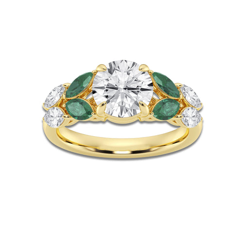 Serena 2 1/2 ctw Round Lab Grown Diamond and 1.20 mm Marquise Created Emerald Side Stone Engagement Ring 14K Yellow Gold, D, VVS | IGI Certified, 2 ct Center