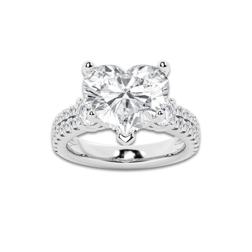 6.96 ctw Heart Lab-Grown Diamond Three Stone Double Row Engagement Ring in 14K White Gold for Women | E Color, VS1 Clarity, IGI Certified 6.00 ct Center Diamond