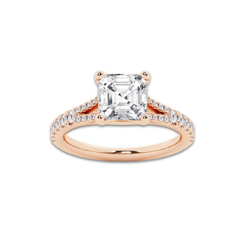 3.33 ctw Asscher Lab-Grown Diamond Split Shank Side Stone Engagement Ring in 14K Rose Gold for Women | Colorless E, VS1 Clarity, IGI Certified 3.00 ct Center Diamond