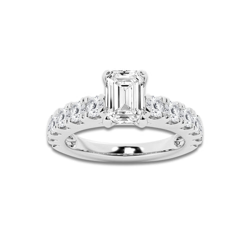 2.00 ctw Emerald Lab-Grown Diamond Split-Prong Set Side Stone Engagement Ring in 14K White Gold for Women | Colorless D, VVS1 Clarity, IGI Certified 1.00 ct Center Diamond