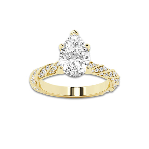 3.44 ctw Pear Lab-Grown Diamond Twisted Band Engagement Ring in 14K Yellow Gold for Women | Colorless E, VS1 Clarity, IGI Certified 3.00 ct Center Diamond