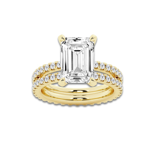 6.22 ctw Emerald Lab-Grown Diamond Double Row Diamond Engagement Ring in 14K Yellow Gold for Women | Colorless E, VS1 Clarity, IGI Certified 5.00 ct Center Diamond