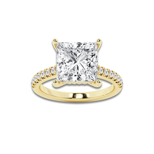 5.33 ctw Princess Lab-Grown Diamond Hidden Halo Side Stone Engagement Ring in 18K Yellow Gold for Women | Colorless E, VS1 Clarity, IGI Certified 5.00 ct Center Diamond