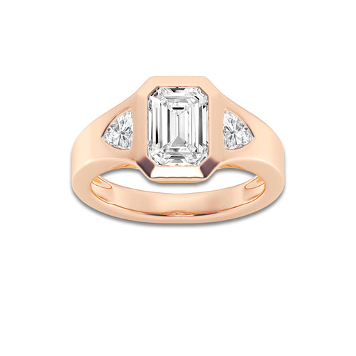 Casa 2 5/8 ctw Emerald Lab Grown Diamond Bezel Set With Trillion Three Stone Engagement Ring 14K Rose Gold, D, VVS | IGI Certified, 2 ct Center