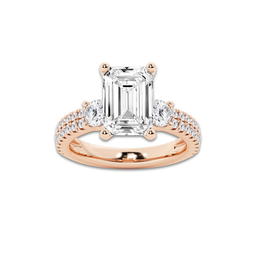 4.96 ctw Emerald Lab-Grown Diamond Three Stone Double Row Engagement Ring in 14K Rose Gold for Women | E Color, VS1 Clarity, IGI Certified 4.00 ct Center Diamond