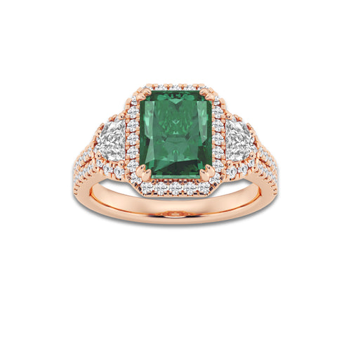 Carnation 9X7 mm Radiant Cut Created Emerald and 7/8 ctw Round and Half Moon Lab Grown Diamond Side Stone Engagement Ring 14K Rose Gold