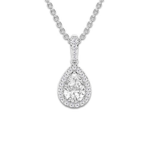 3/4 ctw Pear Lab Grown Diamond Halo Pendant 14K White Gold, DE, VS1 | 5/8 ct Center