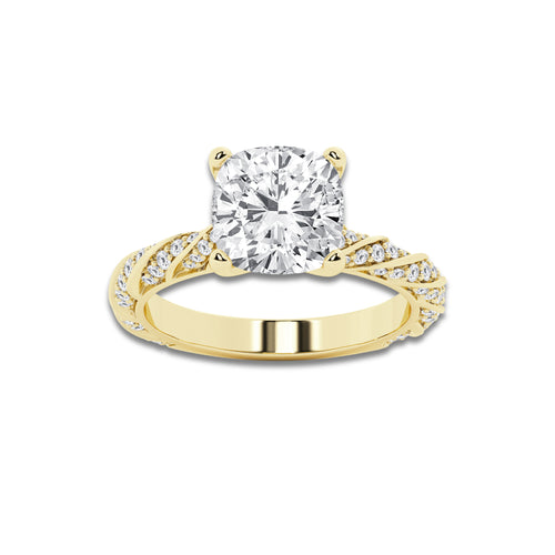 5.42 ctw Cushion Lab-Grown Diamond Twisted Band Engagement Ring in 14K Yellow Gold for Women | Colorless D, VVS1 Clarity, IGI Certified 5.00 ct Center Diamond