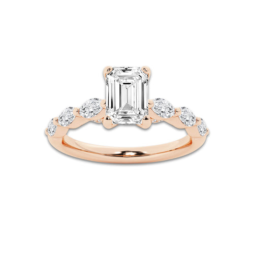 1.16 ctw Emerald Lab-Grown Diamond Marquise Side Stone Engagement Ring in 14K Rose Gold for Women | Colorless E, VS1 Clarity, IGI Certified 0.75 ct Center Diamond