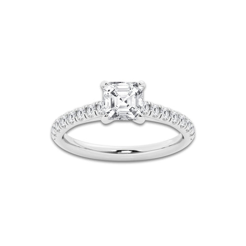 1.39 ctw Asscher Lab-Grown Diamond Pave Engagement Ring in 14K White Gold for Women | E Color, VS1 Clarity, IGI Certified 1.00 ct Center Diamond