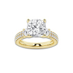 4.96 ctw Cushion Lab-Grown Diamond Three Stone Double Row Engagement Ring in 14K Yellow Gold for Women | D Color, VVS1 Clarity, IGI Certified 4.00 ct Center Diamond