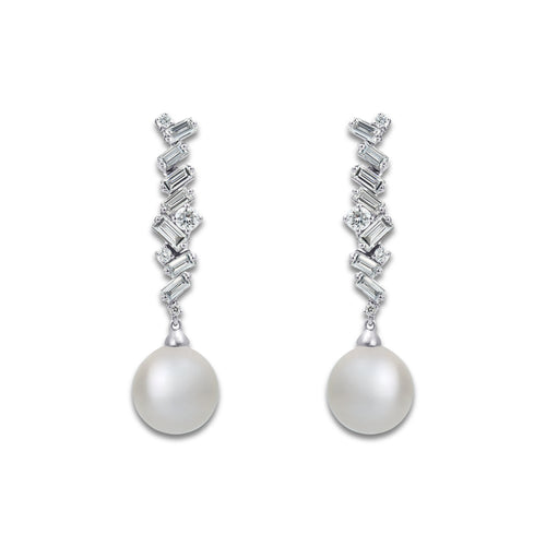 8 mm Akoya Pearl and 1/2 ctw Lab Grown Diamond Dangle Earrings 14K White Gold, Akoya