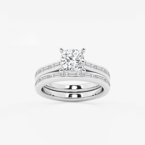 Synergy 2 1/4 ctw Cushion Lab Grown Diamond Baguette and Princess Side Stone Bridal Set Platinum, E, VS1 | IGI Certified, 1 1/2 ct Center