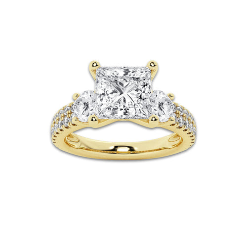2.25 ctw Princess Lab-Grown Diamond Three Stone Double Row Engagement Ring in 14K Yellow Gold for Women | E Color, VS1 Clarity, IGI Certified 1.50 ct Center Diamond