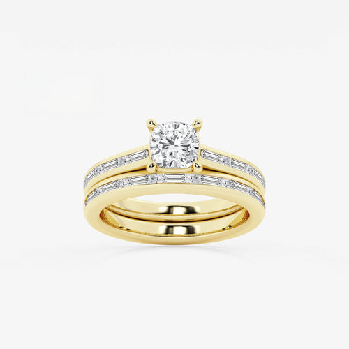 Synergy 1 3/4 ctw Cushion Lab Grown Diamond Baguette and Princess Side Stone Bridal Set 14K Yellow Gold, E, VS1 | IGI Certified, 1 ct Center
