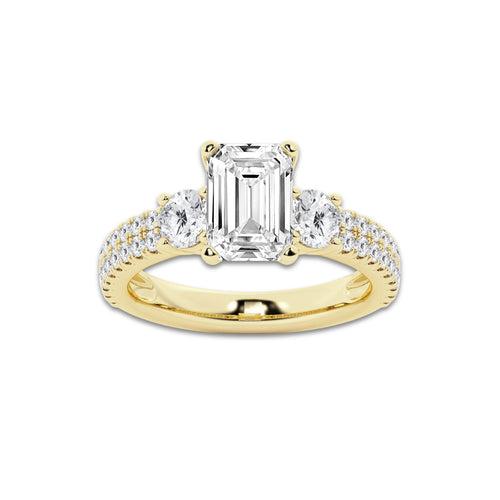 3.50 ctw Emerald Lab-Grown Diamond Three Stone Double Row Engagement Ring in 14K Yellow Gold for Women | E Color, VS1 Clarity, IGI Certified 2.50 ct Center Diamond