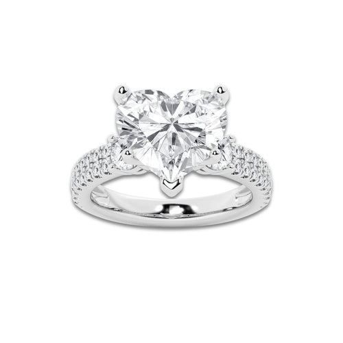 5.96 ctw Heart Lab-Grown Diamond Three Stone Double Row Engagement Ring in 14K White Gold for Women | E Color, VS1 Clarity, IGI Certified 5.00 ct Center Diamond