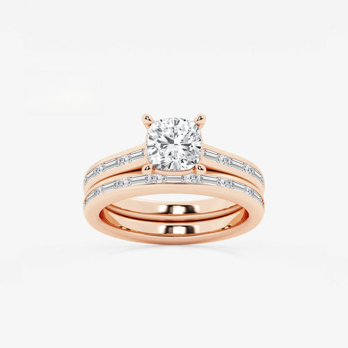 Synergy 2 1/4 ctw Cushion Lab Grown Diamond Baguette and Princess Side Stone Bridal Set 14K Rose Gold, E, VS1 | IGI Certified, 1 1/2 ct Center