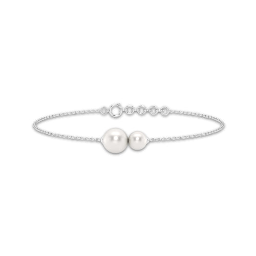 5.5 - 8.0 mm Cultured Freshwater Pearl Double Stone Adjustable Chain Bracelet - 7-8 Inches 14K White Gold