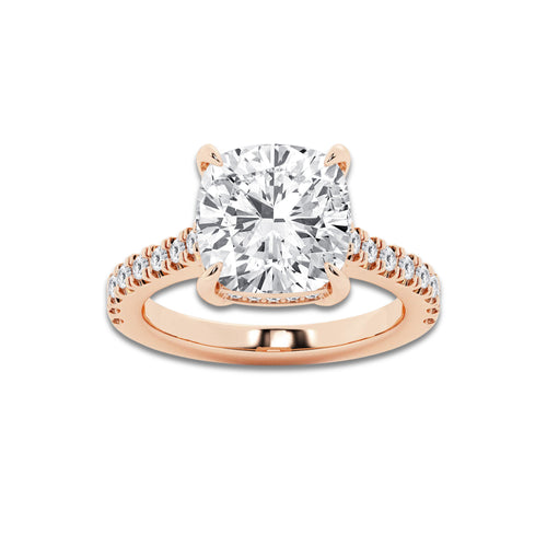 4.35 ctw Cushion Lab-Grown Diamond Hidden Halo Side Stone Engagement Ring in 18K Rose Gold for Women | Colorless E, VS1 Clarity, IGI Certified 4.00 ct Center Diamond