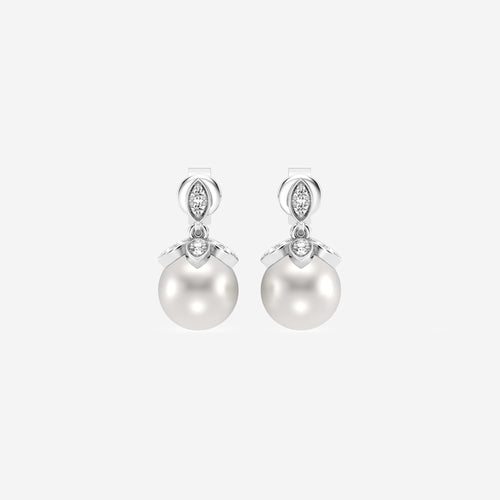 7.5 - 8.0 mm Cultured Freshwater Pearl and 1/8 ctw Lab Grown Diamond Flower Drop Earrings 14K White Gold