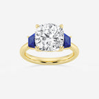 Camellia 5 ctw Cushion Lab Grown Diamond and 5.5x3.3x2.2 mm Trapezoid Created Sapphire Three-Stone Ring 14K Yellow Gold, E, VS1 | IGI Certified, 5 ct Center