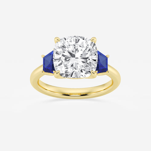 Camellia 5 ctw Cushion Lab Grown Diamond and 5.5x3.3x2.2 mm Trapezoid Created Sapphire Three-Stone Ring 14K Yellow Gold, E, VS1 | IGI Certified, 5 ct Center