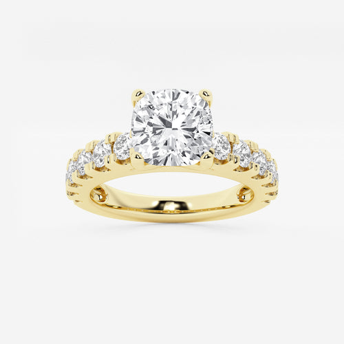 3.00 ctw Cushion Lab-Grown Diamond Split-Prong Set Side Stone Engagement Ring in 14K Yellow Gold for Women | Colorless E, VS1 Clarity, IGI Certified 2.00 ct Center Diamond