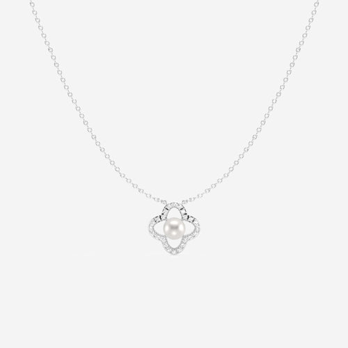 4.5 - 5.0 mm Cultured Freshwater Pearl and 1/8 ctw Lab Grown Diamond Clover Necklace 14K White Gold