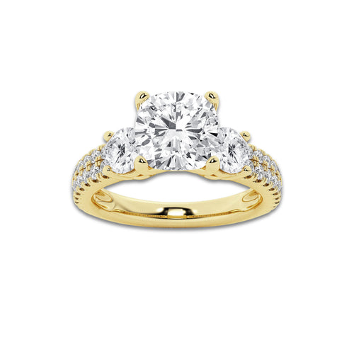 2.25 ctw Cushion Lab-Grown Diamond Three Stone Double Row Engagement Ring in 14K Yellow Gold for Women | D Color, VVS1 Clarity, IGI Certified 1.50 ct Center Diamond
