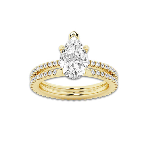2.69 ctw Pear Lab-Grown Diamond Double Row Diamond Engagement Ring in 14K Yellow Gold for Women | Colorless D, VVS1 Clarity, IGI Certified 2.00 ct Center Diamond