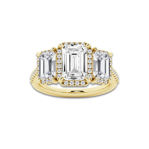 4 1/2 ctw Emerald Lab Grown Diamond Shadow Halo Three Stone Engagement Ring 14K Yellow Gold, E, VS1 | 2 1/2 ct Center