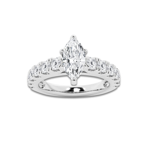 2.00 ctw Marquise Lab-Grown Diamond Split-Prong Set Side Stone Engagement Ring in 14K White Gold for Women | Colorless E, VS1 Clarity, IGI Certified 1.00 ct Center Diamond
