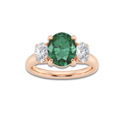 Gardenia 3 2/5 ctw Oval Cut Emerald and Oval Lab Grown Diamond Three-Stone Engagement Ring 14K Rose Gold | 2 1/2 ct Center