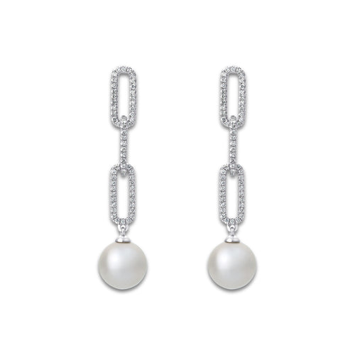 9 mm Freshwater Pearl and 1/2 ctw Lab Grown Diamond Paperclip Earrings 14K White Gold, Fresh Water