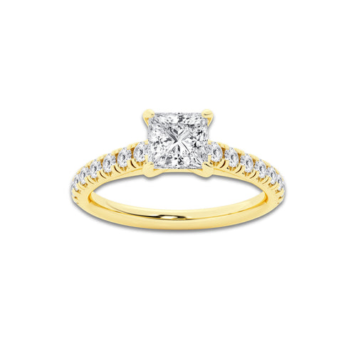 0.89 ctw Princess Lab-Grown Diamond Pave Engagement Ring in 14K Yellow Gold for Women | E Color, VS1 Clarity, IGI Certified 0.50 ct Center Diamond