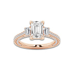 Hyacinth 3 1/10 ctw Emerald Lab Grown Diamond Three Stone Engagement Ring with Side Diamonds 14K Rose Gold, D, VVS | IGI Certified, 2 ct Center