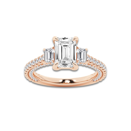 Hyacinth 3 1/10 ctw Emerald Lab Grown Diamond Three Stone Engagement Ring with Side Diamonds 14K Rose Gold, D, VVS | IGI Certified, 2 ct Center