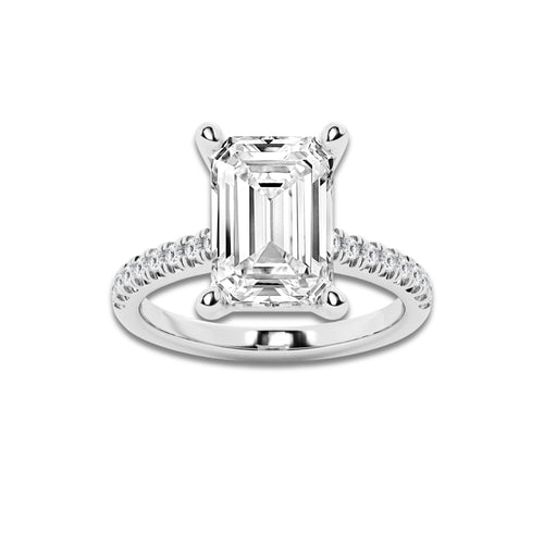 5.30 ctw Emerald Lab-Grown Diamond Hidden Halo Side Stone Engagement Ring in 18K White Gold for Women | Colorless D, VVS1 Clarity, IGI Certified 5.00 ct Center Diamond
