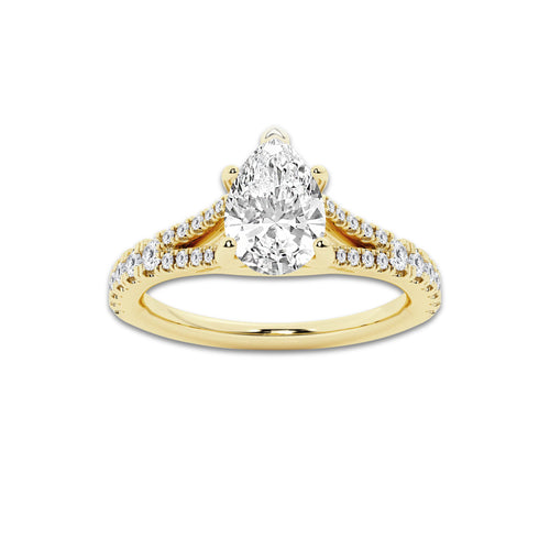 1.08 ctw Pear Lab-Grown Diamond Split Shank Side Stone Engagement Ring in 14K Yellow Gold for Women | Colorless E, VS1 Clarity, IGI Certified 0.75 ct Center Diamond