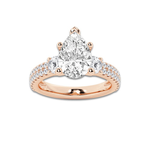 4.00 ctw Pear Lab-Grown Diamond Three Stone Double Row Engagement Ring in 14K Rose Gold for Women | D Color, VVS1 Clarity, IGI Certified 3.00 ct Center Diamond